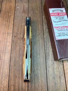 Schatt and Morgan Slim English Jack Coke Bottle With Carmel Worm Groove Bone ATS-34 Blades Schatt and Morgan Slim English Jack Coke Bottle With Carmel Worm Groove Bone ATS-34 Blades