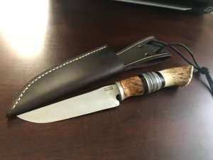 Third Scagel in a series, 5” blade, crown stag handle, includes hand fit sheath USA maker