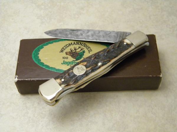 Weidmannsheil Solingen Germany Genuine Stag Damascus Lockback Knife NIB