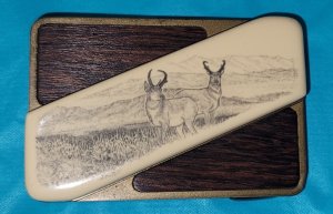 Vintage Gerber Touche' Belt Buckle Knife Scrimshaw 2 Bucks Mountain Scene