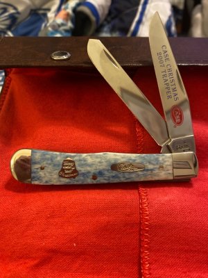 2007 Case XX USA 6254 SS Appaloossa Blue Bone Christmas Trapper With Two Blades And Bell & Case Shei