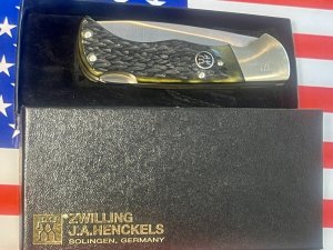 J A Henckels (HK-135-GP) Folding Hunter Pocket Knife with Nice Green Bone Handles -NOS +Orig Box