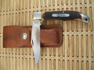 SCHRADE OLD TIMER 125OT MUSTANG U.S.A MADE LARGE FOLDING LINER LOCK HIGH CARBON STEEL KNIFE & SHEATH