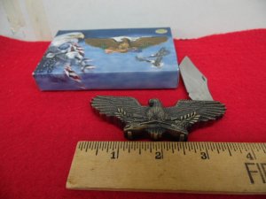 RARE TO FIND BRASS EAGLE POCKET KNIFE HAS STARS AND STRIPES TANTO BLADE & BOX DETAILED EAGLE 2 SIDES