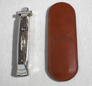 NOS A.G.A. CAMPOLIN 11" MALTESE GENUINE STAG STILETTO NICKEL SILVER BOLSTERS - LEATHER POUCH
