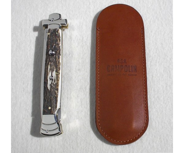 NOS A.G.A. CAMPOLIN 11" MALTESE GENUINE STAG STILETTO NICKEL SILVER BOLSTERS - LEATHER POUCH