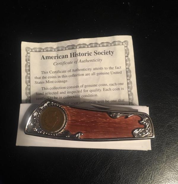 AMERICN HISTORIC KNIFE WITH REAL  INDIAN HEAD PENNY