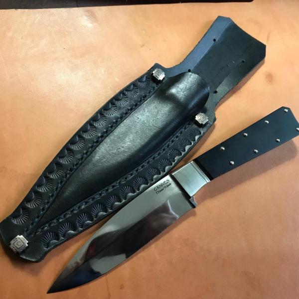 18th century styled knife, domed pins, W2 steel, tapered tang, with sheath 18th century styled knife, domed pins, W2 steel, tapered tang, with sheath