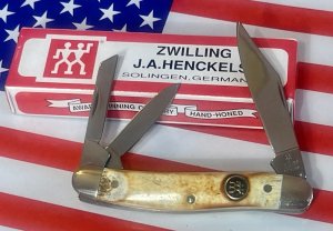 Vintage J A Henckels 3 Blade Whittler (HK-7-S) Pocket Knife w/ Great Stag Handles! -NOS