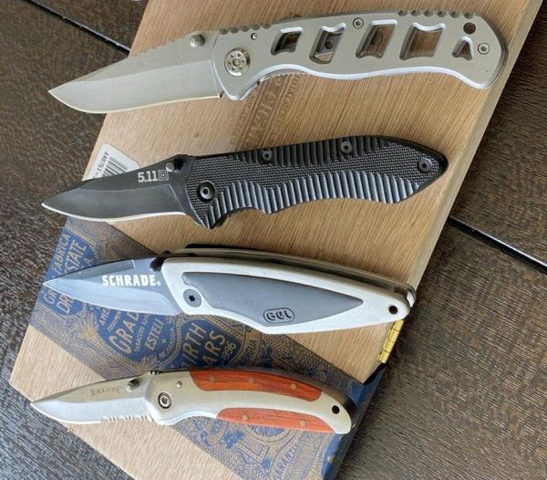 Lot of 4 Tactical Folding-Blade Pocket Knives, Smith & Wesson, Schrade, 511, Blackstone