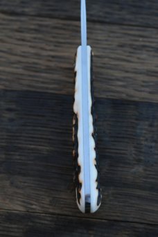 TONY BOSE WILFRED, IN. STAG ATS-34 DESK KNIFE WTH K. HAMPTON SIGNED BOSE SHEATH TONY BOSE WILFRED, IN. STAG ATS-34 DESK KNIFE WTH K. HAMPTON SIGNED BOSE SHEATH