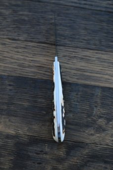 TONY BOSE WILFRED, IN. STAG ATS-34 DESK KNIFE WTH K. HAMPTON SIGNED BOSE SHEATH TONY BOSE WILFRED, IN. STAG ATS-34 DESK KNIFE WTH K. HAMPTON SIGNED BOSE SHEATH