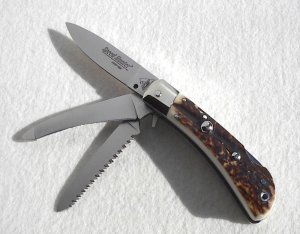 NOS VINTAGE FIRST RUN GENUINE STAG ITALIAN AKC AUTO SPEED HUNTER 3 BLADE WITH ORIGINAL SHEATH 