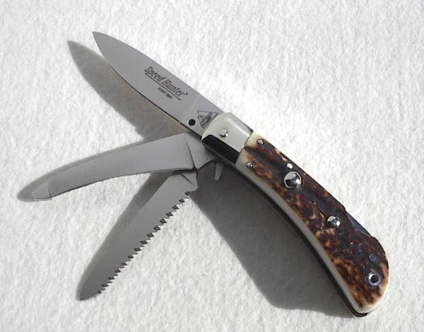 NOS VINTAGE FIRST RUN GENUINE STAG ITALIAN AKC AUTO SPEED HUNTER 3 BLADE WITH ORIGINAL SHEATH 
