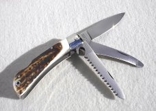 NOS VINTAGE FIRST RUN GENUINE STAG ITALIAN AKC AUTO SPEED HUNTER 3 BLADE WITH ORIGINAL SHEATH 