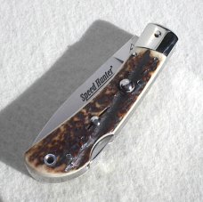 NOS VINTAGE FIRST RUN GENUINE STAG ITALIAN AKC AUTO SPEED HUNTER 3 BLADE WITH ORIGINAL SHEATH 