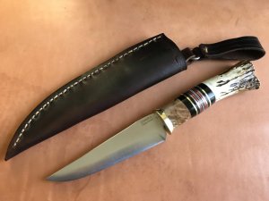 Scagel type hunter with sheath, stag, spalted maple, spacers, 5” blade