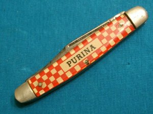 VINTAGE PURINA KUTMASTER UTICA USA SERPENTINE STOCKMAN FOLDING POCKET PEN JACK KNIFE KNIVES OLD AD
