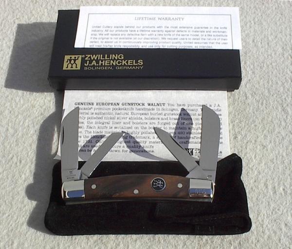 NOS  J. A. HENCKELS 4 BLADE CONGRESS / EUROPEAN GUNSTOCK WALNUT HANDLES SOLINGEN GERMANY - W/BOX
