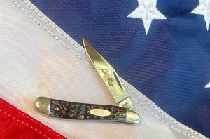 Case xx 1984 Its Only Peanuts Peanut Knife w Peanut Blade Etch w/ Brown Bone Handles