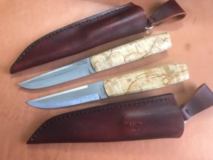 Pair of Puukkos Model #1 prototype, (fulltang), Karelian Birch, w/hand-fit sheath.
