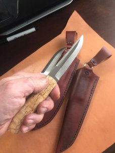 Pair of Puukkos Model #1 prototype, (fulltang), Karelian Birch, w/hand-fit sheath. Pair of Puukkos Model #1 prototype, (fulltang), Karelian Birch, w/hand-fit sheath.