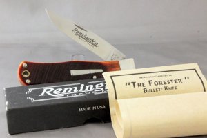 REMINGTON R1303 Bullet Knife, Single Blade Lockback, Saw Cut Bone Handles 2013, Orig Box & Paperwork