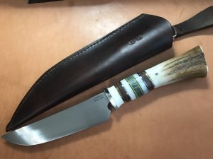 Long hunting/camping knife, Scagel design, stag, with sheath