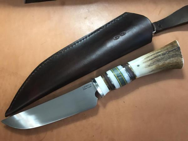 Long hunting/camping knife, Scagel design, stag, with sheath Long hunting/camping knife, Scagel design, stag, with sheath