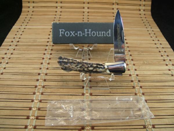 FOX-N-HOUND MADE IN ITALY VINTAGE GENUINE STAG HORN NEW IN ORIGINAL BOX MINT LOCK BACK POCKET KNIFE
