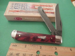 Case XX 2021 Red Orange Maple Burl Mini Trapper Damascus Pattern # 7207