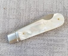 Tim Britton Custom Mini Easy Open Barlow, Mother of Pearl,3 " closed, fluted bolsters, BG42 steel 