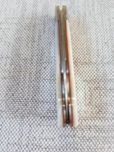 Tim Britton Custom Mini Easy Open Barlow, Mother of Pearl,3 " closed, fluted bolsters, BG42 steel 