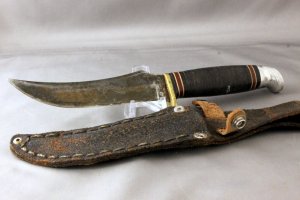 WESTERN BOULDER L39 Skinner/Hunting Knife, Leather Ring Handles, Used Knife & Sheath, Free Shipping
