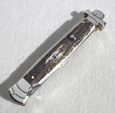 NOS A.G.A. CAMPOLIN 11" MALTESE GENUINE STAG STILETTO NICKEL SILVER BOLSTERS - LEATHER POUCH