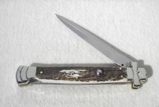 NOS A.G.A. CAMPOLIN 11" MALTESE GENUINE STAG STILETTO NICKEL SILVER BOLSTERS - LEATHER POUCH