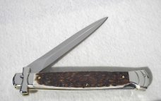 NOS A.G.A. CAMPOLIN 11" MALTESE GENUINE STAG STILETTO NICKEL SILVER BOLSTERS - LEATHER POUCH