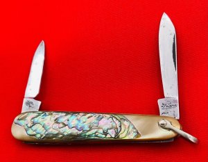 Vintage Salm DeLuxe 2-Blade Sleeveboard  Shadow Pen Watch Fob Pocket Knife c1918-1925 Abalone
