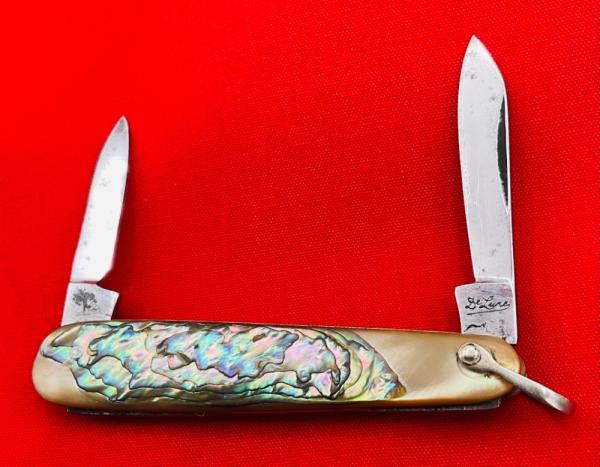 Vintage Salm DeLuxe 2-Blade Sleeveboard  Shadow Pen Watch Fob Pocket Knife c1918-1925 Abalone