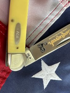 Case XX 1984 2 Blade Canoe (Mdl# 32131) w/ Sequoyah Blade Etching & Derlin Yellow Handles -NOS & NM Case XX 1984 2 Blade Canoe (Mdl# 32131) w/ Sequoyah Blade Etching & Derlin Yellow Handles -NOS & NM