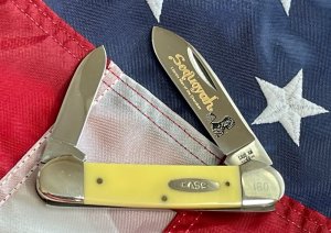 Case XX 1984 2 Blade Canoe (Mdl# 32131) w/ Sequoyah Blade Etching & Derlin Yellow Handles -NOS & NM