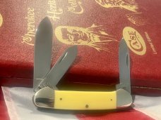 Case XX 1984 3 Blade Canoe w/ John Ross Blade Etching & Derlin Yellow Handles -NOS & NM Case XX 1984 3 Blade Canoe w/ John Ross Blade Etching & Derlin Yellow Handles -NOS & NM