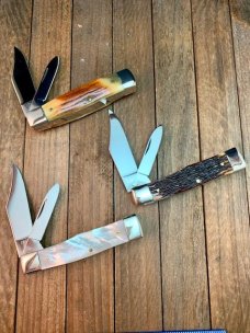 Kabar Gunstock Limited Edition Set of 3 Knives With Case, Pearl, Jigged Bone and Stag Kabar Gunstock Limited Edition Set of 3 Knives With Case, Pearl, Jigged Bone and Stag