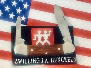 Vintage J A Henckels (INOX) 2 Blade Canoe w/ Walnut? Wood Handles & Blade Etch - NM - NICE ONE!
