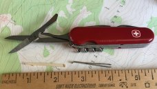 Wenger Delemont Traveler red Swiss Army Knife (retired) later slotted, serrated Scissor, Used Wenger Delemont Traveler red Swiss Army Knife (retired) later slotted, serrated Scissor, Used