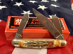 Vintage J A Henckels 3 Blade Stockman Pocket Knife (HK-2-S) with Super Stag Handles -NOS w/ Box