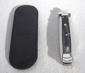 NOS A.G.A. CAMPOLIN 11" MALTESE BRAZILIAN HORN STILETTO NICKEL SILVER BOLSTERS,  LEATHER POUCH