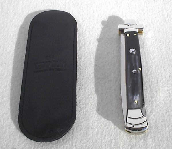 NOS A.G.A. CAMPOLIN 11" MALTESE BRAZILIAN HORN STILETTO NICKEL SILVER BOLSTERS,  LEATHER POUCH