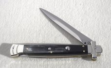 NOS A.G.A. CAMPOLIN 11" MALTESE BRAZILIAN HORN STILETTO NICKEL SILVER BOLSTERS,  LEATHER POUCH