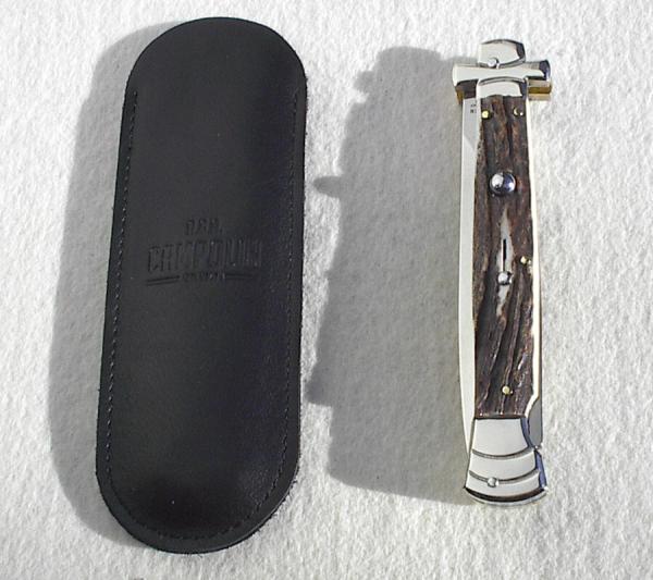 NOS A.G.A. CAMPOLIN 11" MALTESE GENUINE STAG STILETTO NICKEL SILVER BOLSTERS - LEATHER POUCH